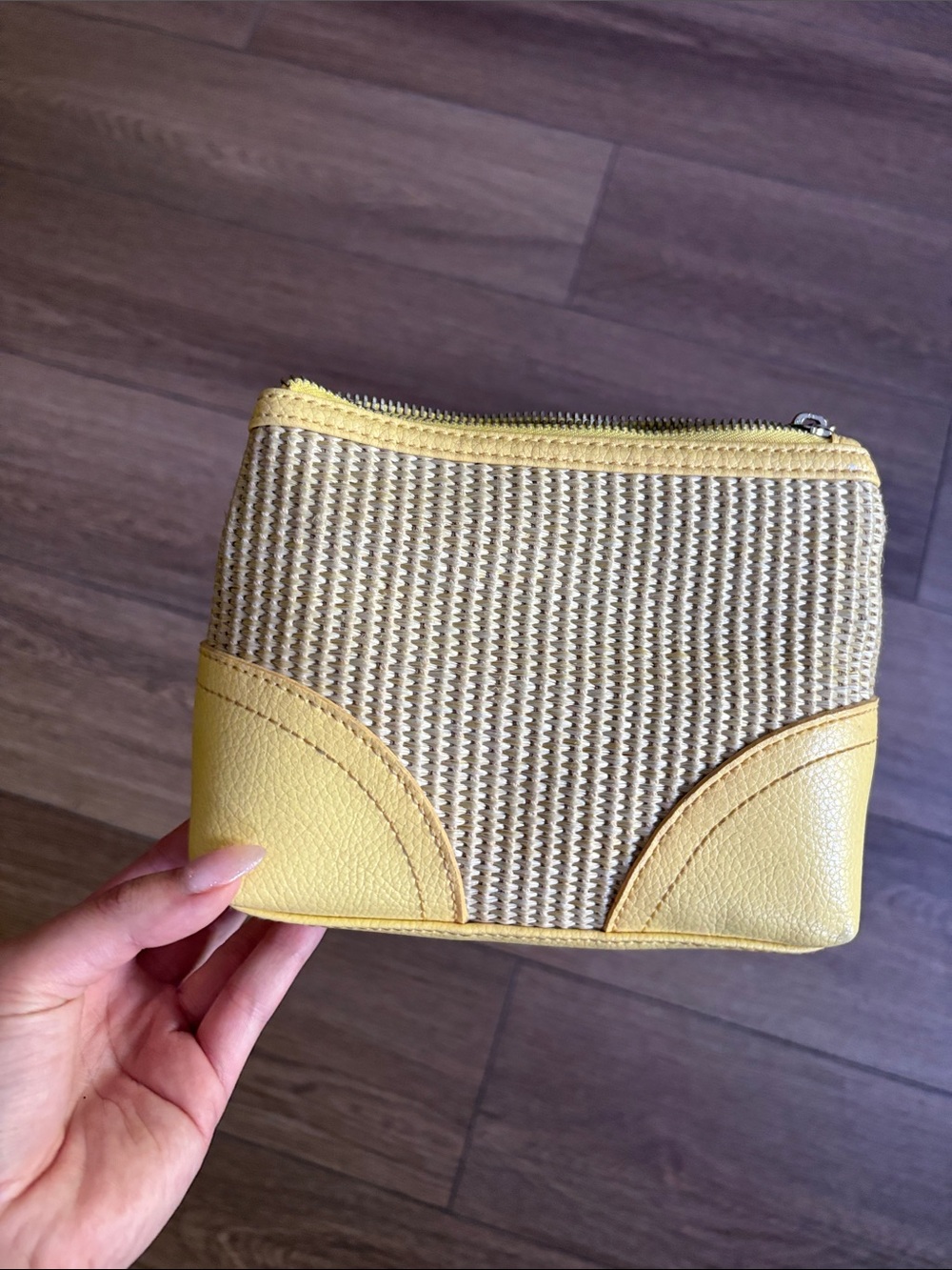 Yellow Woven Cosmetic Pouch with Faux-Leather Trim